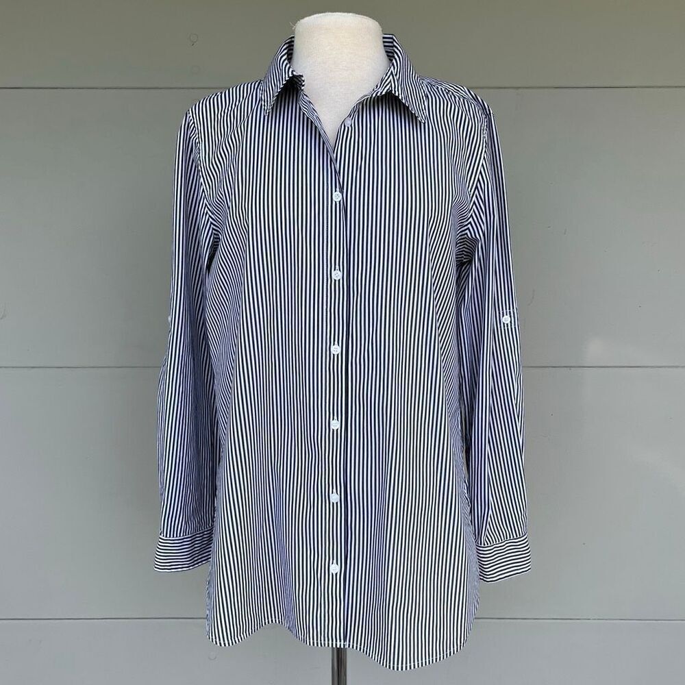 Calvin Klein Blue Gray White Pinstripe Button Down Shirt Longline L